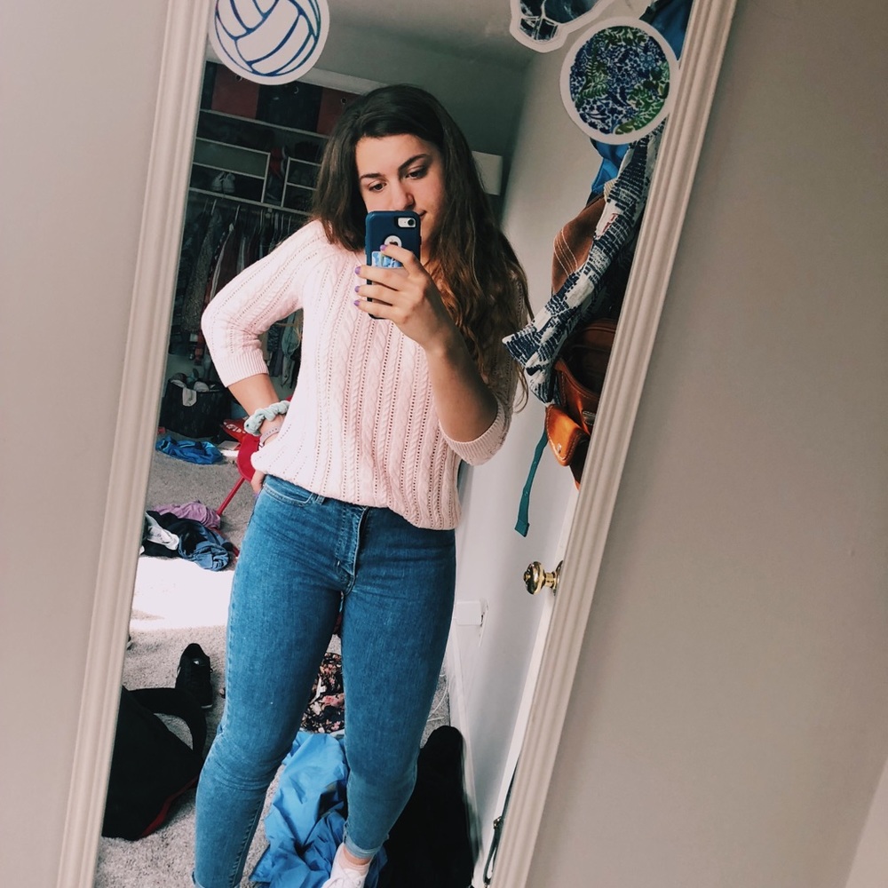 Baby Pink pointelle rope stitch knit sweater